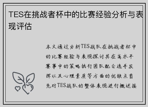 TES在挑战者杯中的比赛经验分析与表现评估